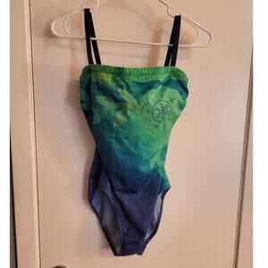 VNTG 90s Roxanne Modest Retro One Piece Swimsuit Sz 12 34D Blue Green Metallic